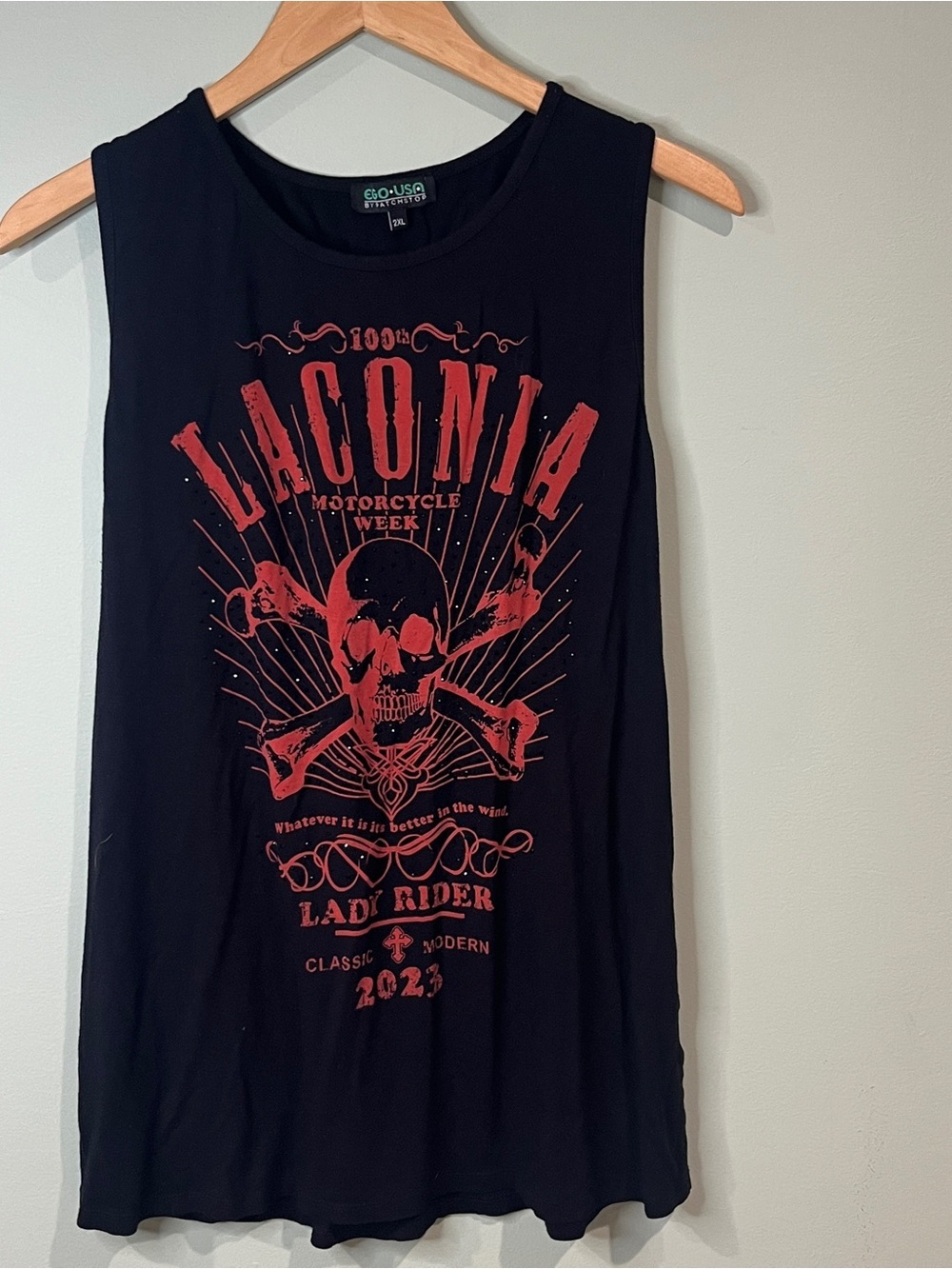 Onia Black Tank Top with Red Motorcycle Skull Graphic